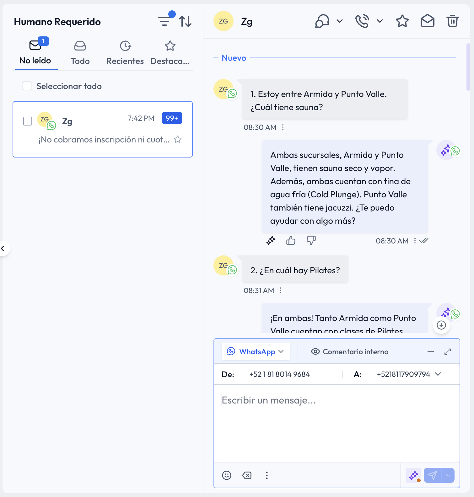 Paso 4: vista Humano Requerido con el chat abierto y el cuadro de mensaje