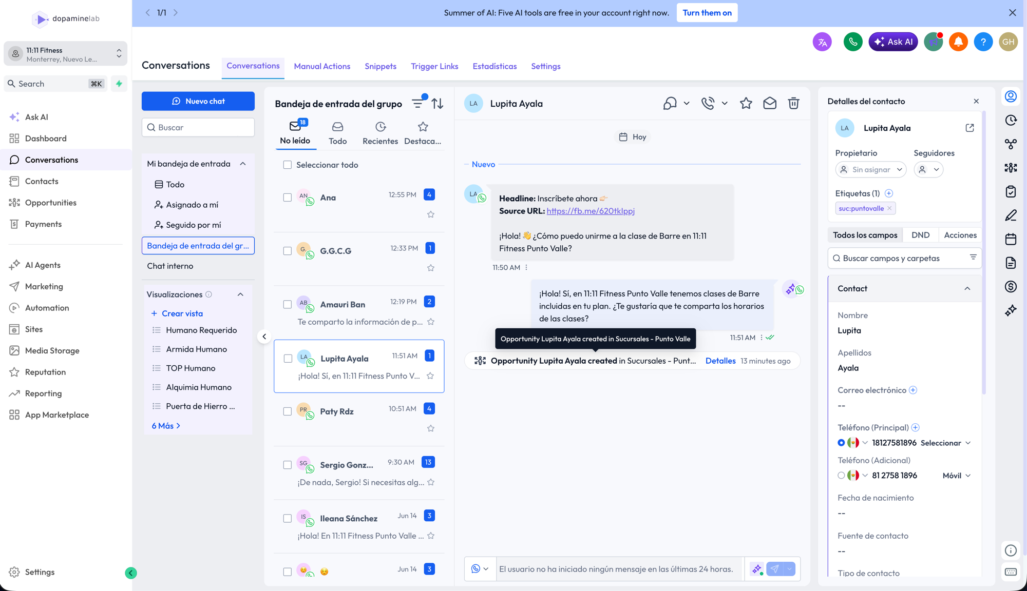 Paso 1: pantalla de Conversaciones con la sección Visualizaciones