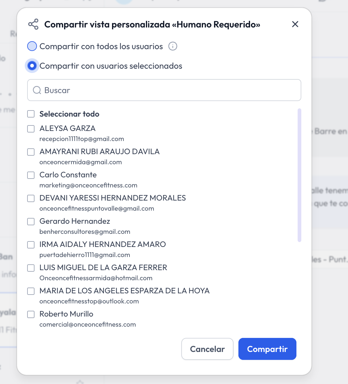 Paso 6: ventana para compartir la vista con todos o usuarios seleccionados