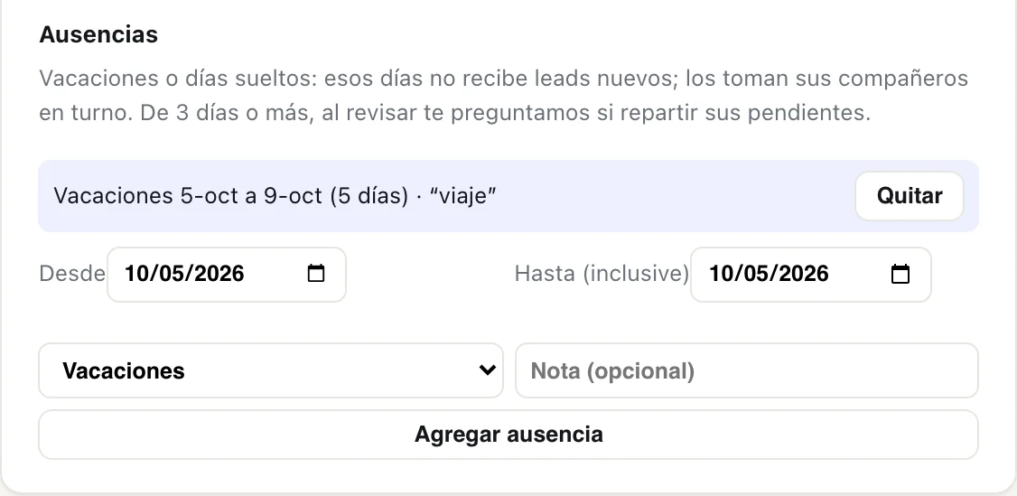 Sección Ausencias de la ficha con vacaciones registradas