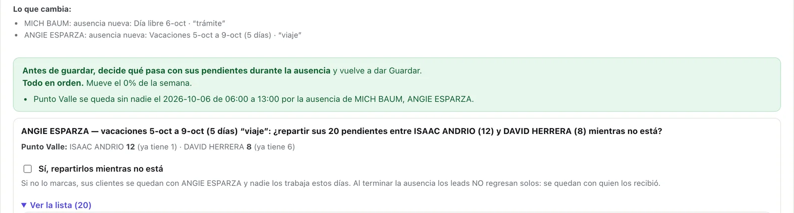 Pregunta de repartir los pendientes durante unas vacaciones de 5 días